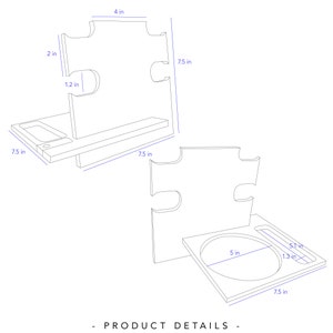 May include: Two white puzzle-shaped wooden stands with dimensions labeled in inches. One stand has a rectangular tray with a small circular indentation. The other stand has a circular indentation. The text "PRODUCT DETAILS" is at the bottom.