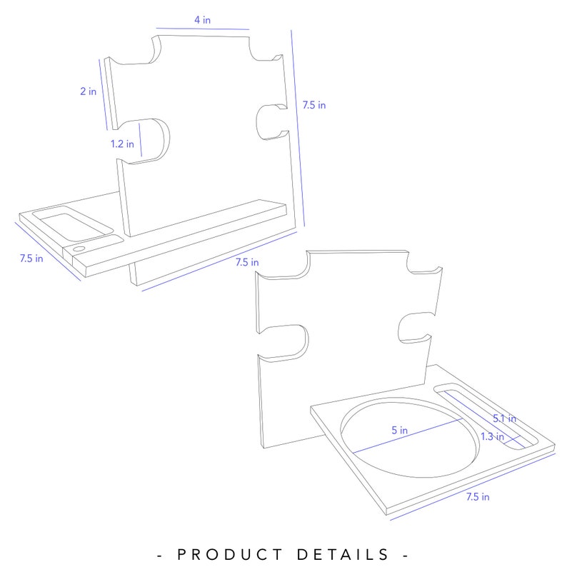 May include: Two white puzzle-shaped wooden stands with dimensions labeled in inches. One stand has a rectangular tray with a small circular indentation. The other stand has a circular indentation. The text "PRODUCT DETAILS" is at the bottom.