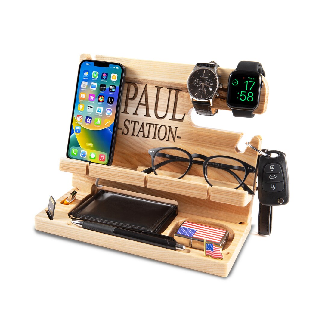 Wood Personalized Docking Station for Cell Phone, Tablet, Wallet