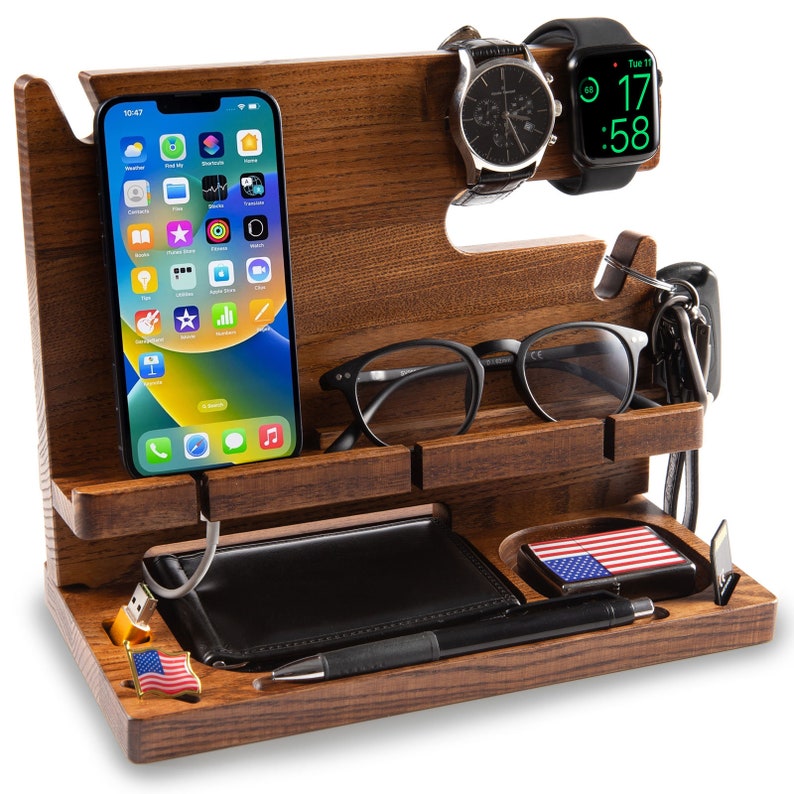 Docking station for man, phone stand, desk organizer on ash tree solid wood , color walnut