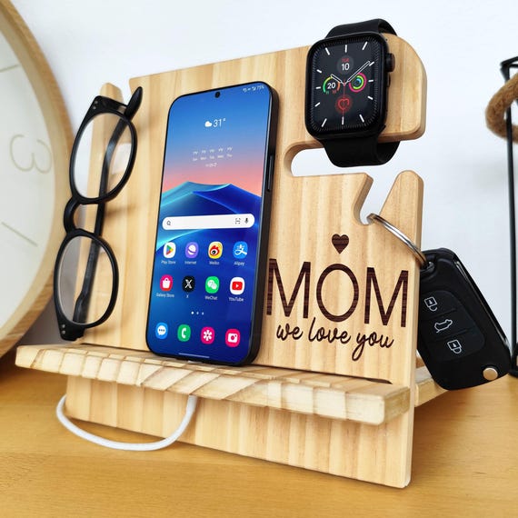 Wooden Docking Station, Solid Wood Nightstand Organizer, Gift for Him, Husband, Dad, Christmas, Birthday, Anniversary Gift,Father's Day Gift