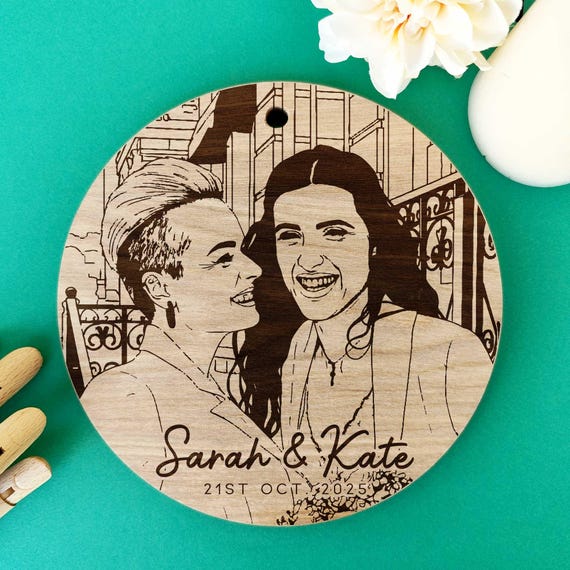 LGBTQ Couple Portrait • Personalized Pride Gift • Laser Engraved Wooden Wall Art • Custom Lesbian Couple Keepsake