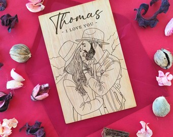 Custom Couple Portrait from Photo • Personalized Birthday Gift • Laser Engraved Wooden Greeting Card with Red Envelope • Romantic Keepsake
