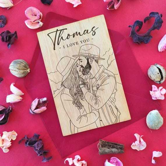 Custom Couple Portrait from Photo • Personalized Birthday Gift • Laser Engraved Wooden Greeting Card with Red Envelope • Romantic Keepsake