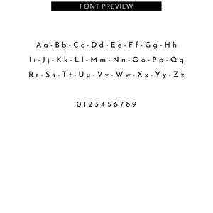 May include: A font preview image with the text "FONT PREVIEW" at the top. The image displays the alphabet in uppercase and lowercase, along with the numbers 0 through 9. The font is a clean, sans-serif style, with black text on a white background.