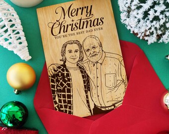 Custom Dad Portrait • Personalized Christmas Greeting Card • Laser Engraved Wooden Card with Red Envelope • Gift from Family