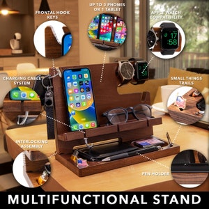 Personalisierte Dockingstation aus Holz für Handy, Tablet, Geldbörse, Uhr, Schlüssel, Zubehör, Schreibtisch-Organizer, Geschenke für Männer Deep Maroon Bild 7