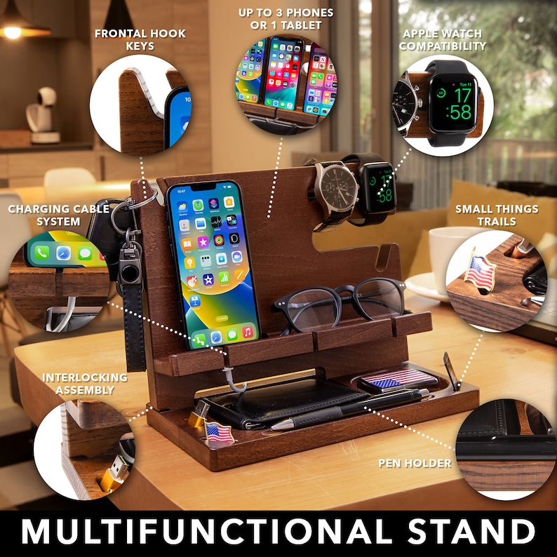 Personalisierte Dockingstation aus Holz für Handy, Tablet, Geldbörse, Uhr, Schlüssel, Zubehör, Schreibtisch-Organizer, Geschenke für Männer Deep Maroon Bild 7