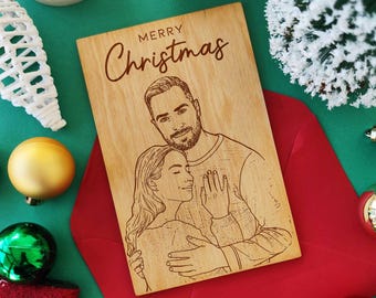 Custom Couple Portrait • Personalized Christmas & Anniversary Gift • Laser Engraved Wooden Greeting Card • Romantic Holiday Keepsake
