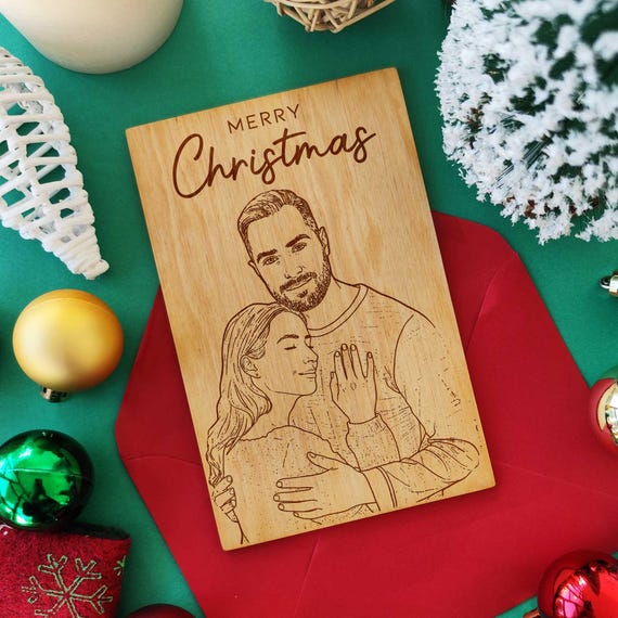 Custom Couple Portrait • Personalized Christmas & Anniversary Gift • Laser Engraved Wooden Greeting Card • Romantic Holiday Keepsake