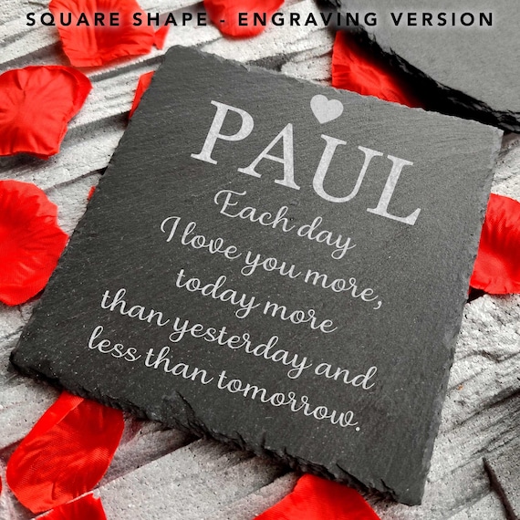 Personalized Valentine Gift, Black Slate Coaster, Elegant Drink Coaster for Weddings, Anniversaries, Valentines Day Gift for him