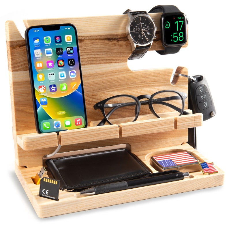 Docking station for man, phone stand, desk organizer on ash tree solid wood , color natural wood