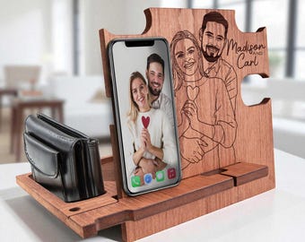 Valentines Day Gift, Custom Docking Station with your Line Art Portrait,Personalized Gift for Men, Nightstand Organizer, Couple Portrait