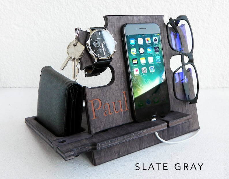 Gift for Men Docking Station, It keeps all personal items organized, Gift for Him, Christmas Gift, Personalized Gift, Gift for Husband Slate Gray