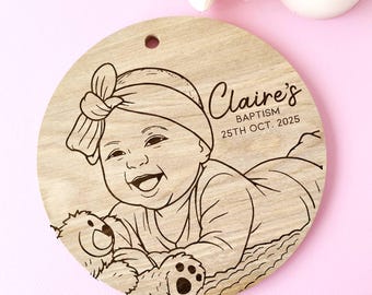 Custom Baby Portrait • Personalized Baptism Gift • Laser Engraved Wooden Wall Art • Christening Keepsake for Parents or Godparents