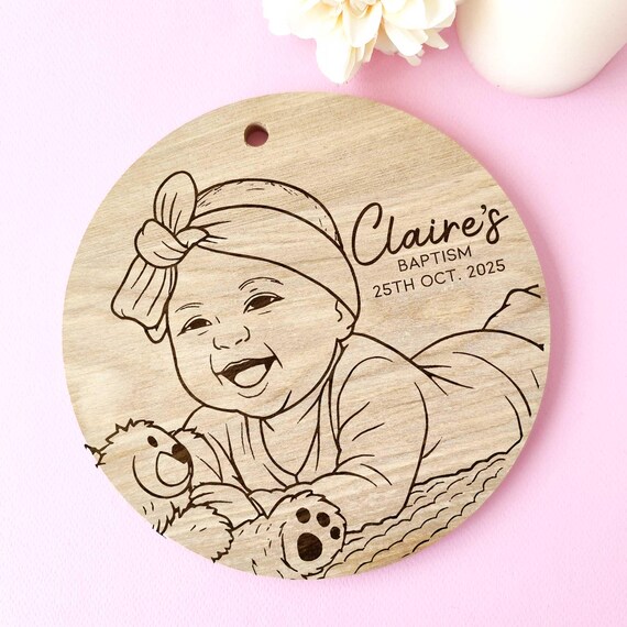 Custom Baby Portrait • Personalized Baptism Gift • Laser Engraved Wooden Wall Art • Christening Keepsake for Parents or Godparents