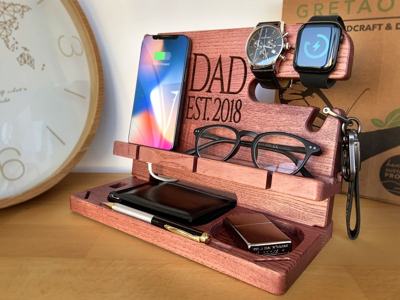 Wood Personalized Docking Station for Cell Phone, Tablet, Wallet, Watch, Keys, Accessories, Desk Organizer, Gifts for Men Deep Maroon image 1