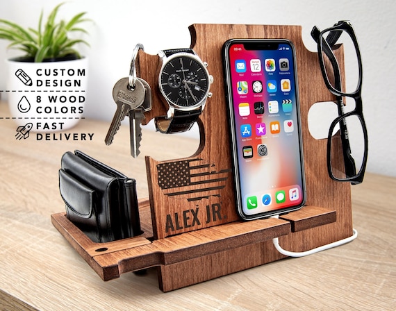 Wood Docking Station Phone Holder Stand Organizer Man Fiancè from Wife to Husband Anniversary Gift Birthday Nightstand Organizer Dad US Flag