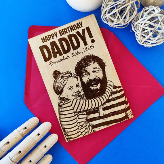 Custom Dad Portrait • Personalized Birthday Greeting Card • Laser Engraved Wooden Card with Red Envelope • Gift from Family