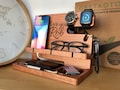 Wood Personalized Docking Station for Cell Phone, Tablet, Wallet, Gadgets, Watch, Keys, Accessories, Desk Organizer, Gifts for Men (Moroon) product logo