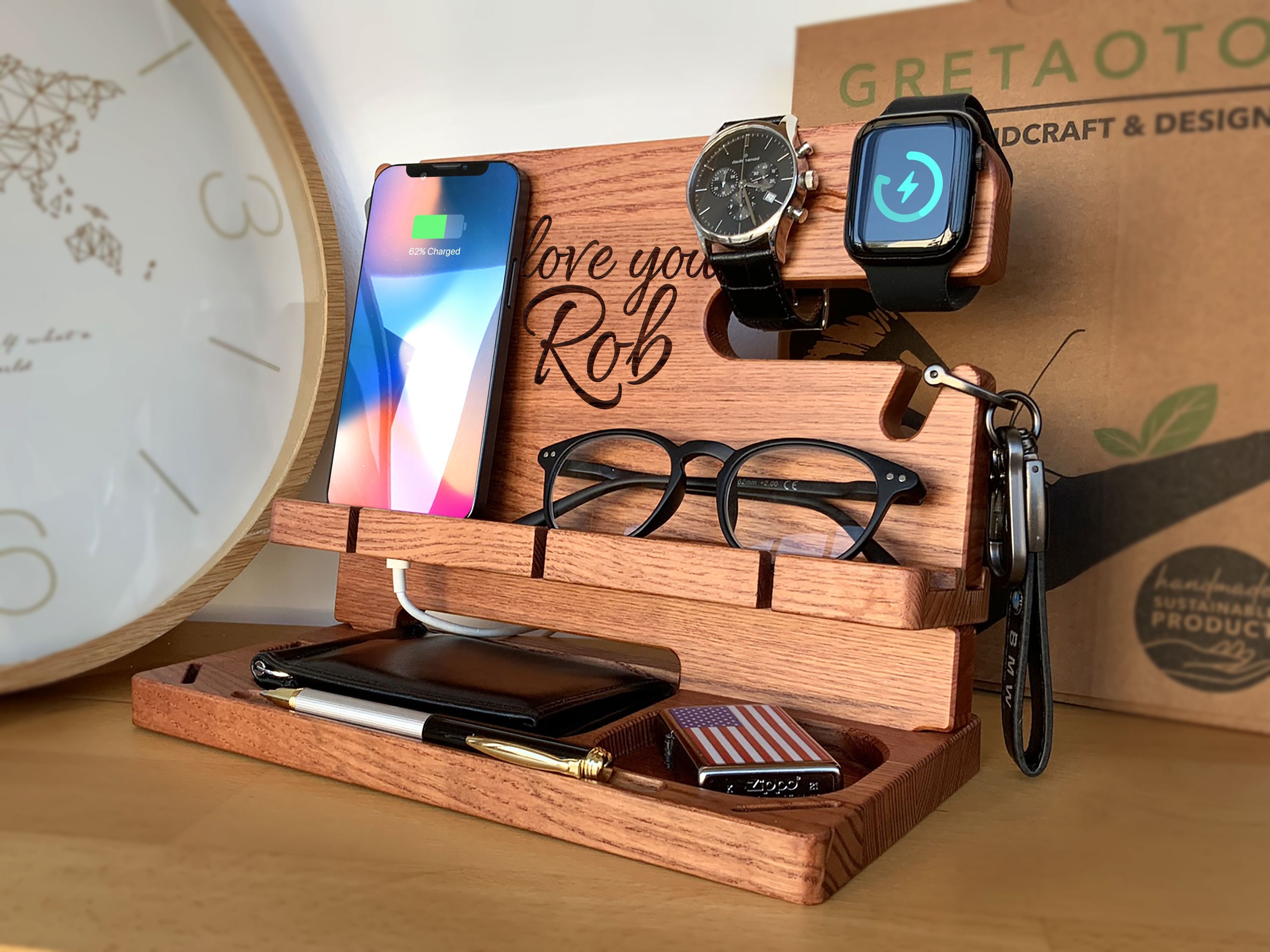 Wood Personalized Docking Station for Cell Phone, Tablet, Wallet, Gadgets, Watch, Keys, Accessories, Desk Organizer, Gifts for Men (Moroon)