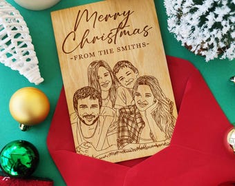 Custom Family Portrait • Personalized Christmas Greeting Card • Laser Engraved Wooden Card with Red Envelope • Festive Keepsake Gift