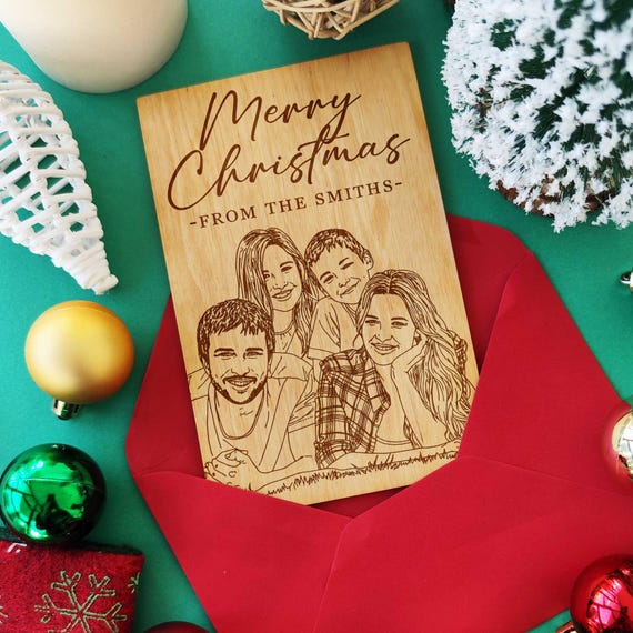 Custom Family Portrait • Personalized Christmas Greeting Card • Laser Engraved Wooden Card with Red Envelope • Festive Keepsake Gift
