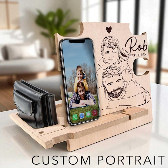 Custom Docking Station with Line Art Portrait – Personalized Gift for Man – Laser Engraved Office or Nightstand Organizer – Tech Desk Tray