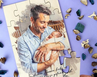 1st Father's Day Gift Personalized Photo Jigsaw Wooden Puzzle with Custom Portrait Line Art or Printed Photo Portrait, Personalized Names