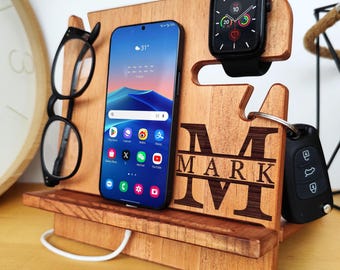 Personalized Docking Station, Solid Wood Organizer, Gift for Him, Husband, Dad, Christmas, Birthday, Anniversary Gift, Father's Day Gift