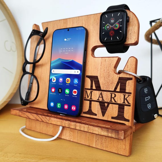 Personalized Docking Station, Solid Wood Organizer, Gift for Him, Husband, Dad, Christmas, Birthday, Anniversary Gift, Father's Day Gift