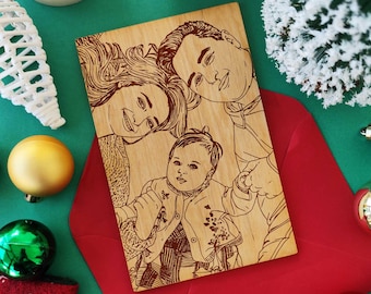 Custom Family Portrait • Personalized Christmas & Birthday Greeting Card • Laser Engraved Wooden Card with Red Envelope • Family Gift
