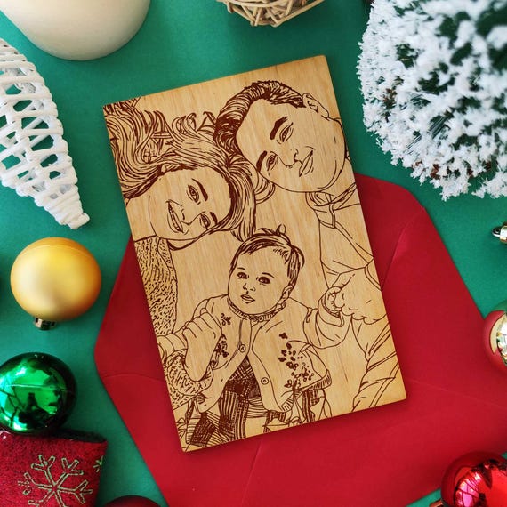 Custom Family Portrait • Personalized Christmas & Birthday Greeting Card • Laser Engraved Wooden Card with Red Envelope • Family Gift