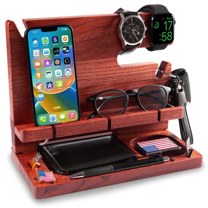 Docking station for man, phone stand, desk organizer on ash tree solid wood , color deep mahogany