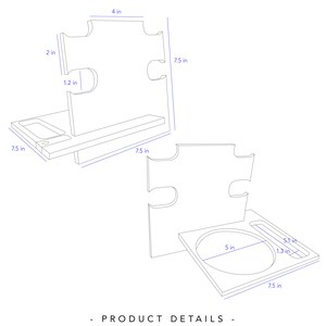 May include: Two white puzzle-shaped wooden stands with dimensions labeled in inches. One stand has a rectangular tray with a small circular indentation. The other stand has a circular indentation. The text "PRODUCT DETAILS" is at the bottom.