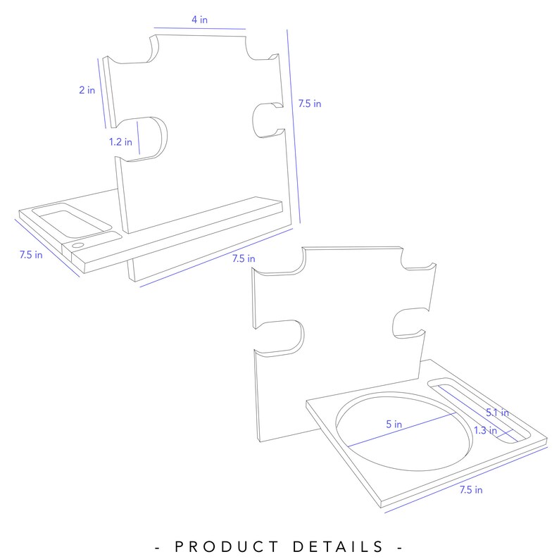 May include: Two white puzzle-shaped wooden stands with dimensions labeled in inches. One stand has a rectangular tray with a small circular indentation. The other stand has a circular indentation. The text "PRODUCT DETAILS" is at the bottom.