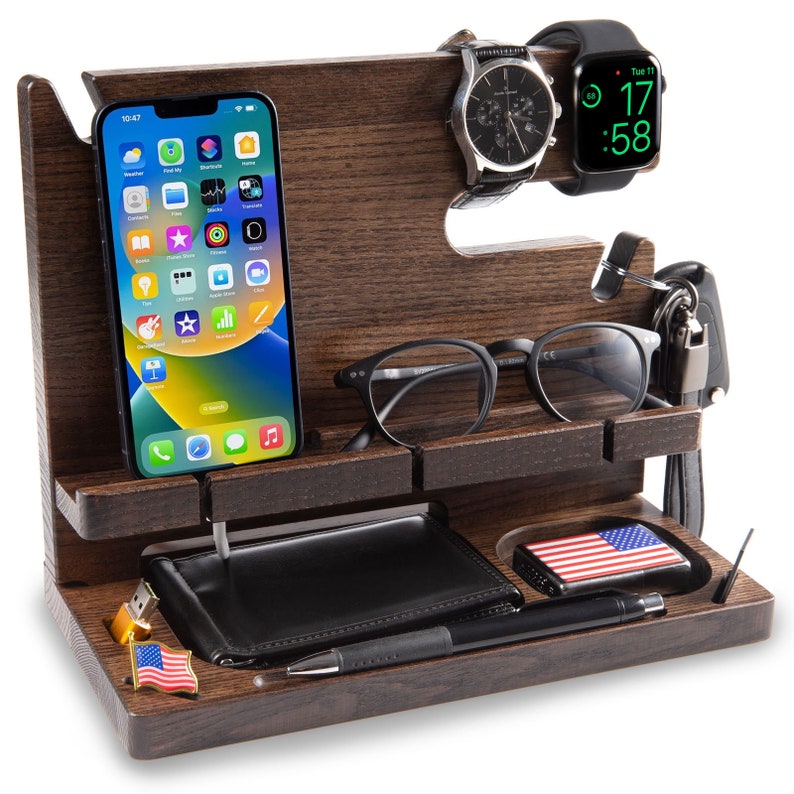 Docking station for man, phone stand, desk organizer on ash tree solid wood , color deep brown