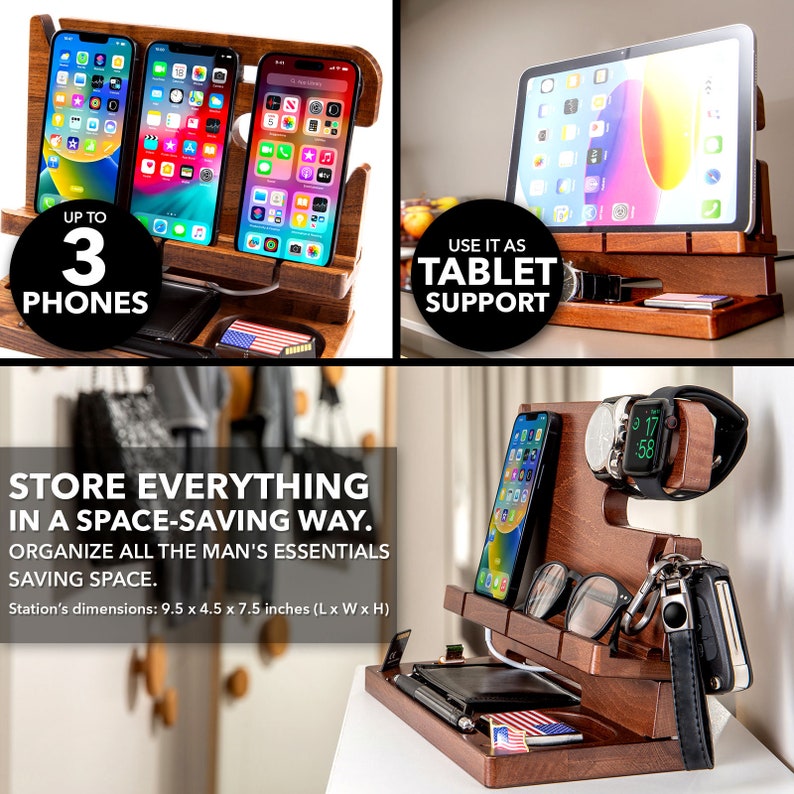 Docking station for man, phone stand, desk organizer on ash tree solid wood can keeps up to three phones or one tablet