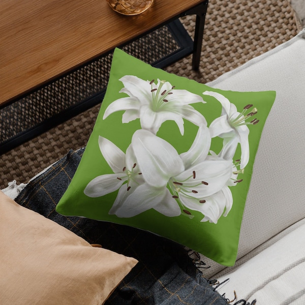 Lilly Floral Pillow Gift for Mom Lily Pillow Home Decor Green Decorative Pillow White Lily Bedroom Pillow Floral Throw Pillows Family Room