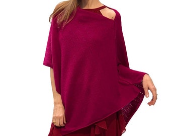 100% pure cashmere poncho CHERRY PINK crochet cape wrap One size Versatile sweater Thin lightweight spring poncho RRP207GBP gift
