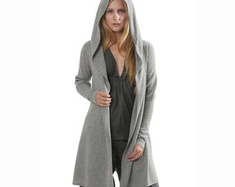 Long hooded cardigan, Cashmere hoodie in Silver Grey, Cosy open knitted sweater cardigan, Custom order in your favourite colour