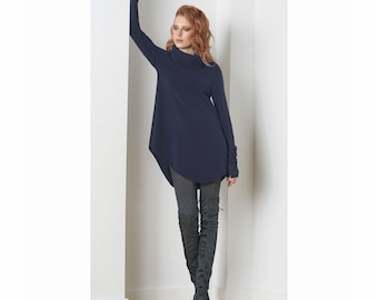 Turtle neck cashmere tunic dress in Navy, A-line pullover sweater with attached gloves, Order Custom sweater in your favourite colour