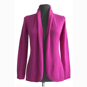 Lacy Cashmere cardigan in Fuchsia hot pink womens pointelle lightweight knitted shawl neck tailored fitted sweater jacket gift present cosy