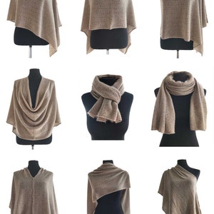 May include: Nine different ways to style a brown knitted poncho or scarf. The garment is shown on a mannequin with a black base. The garment is made of a soft, lightweight material and has a delicate knit pattern.