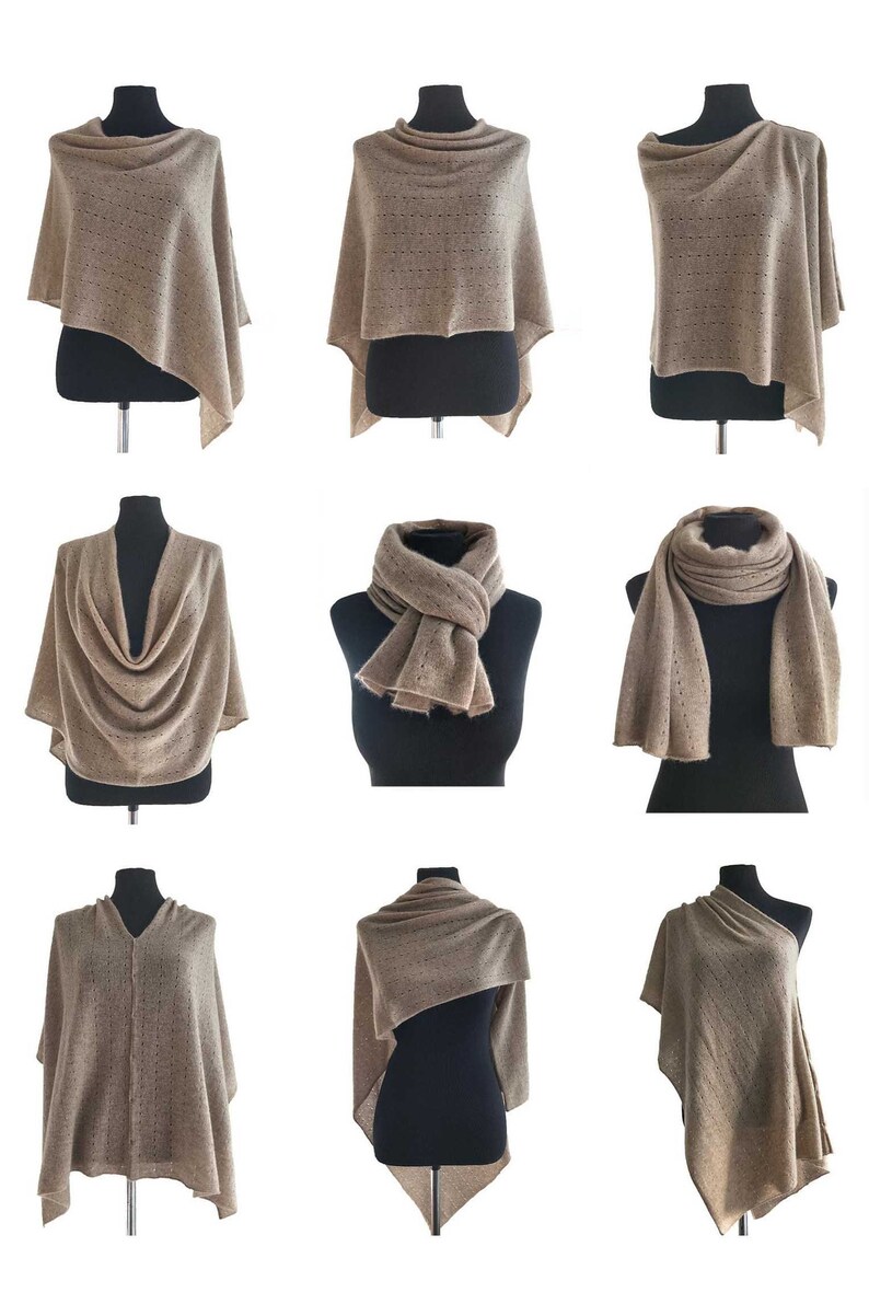 May include: Nine different ways to style a brown knitted poncho or scarf. The garment is shown on a mannequin with a black base. The garment is made of a soft, lightweight material and has a delicate knit pattern.