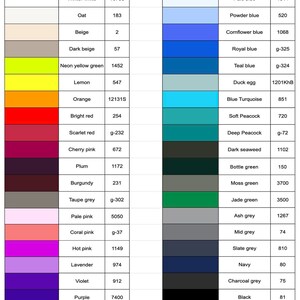 May include: A chart showing a variety of colors with their corresponding names and numbers. The colors are arranged in columns, with the left column showing warm colors and the right column showing cool colors.