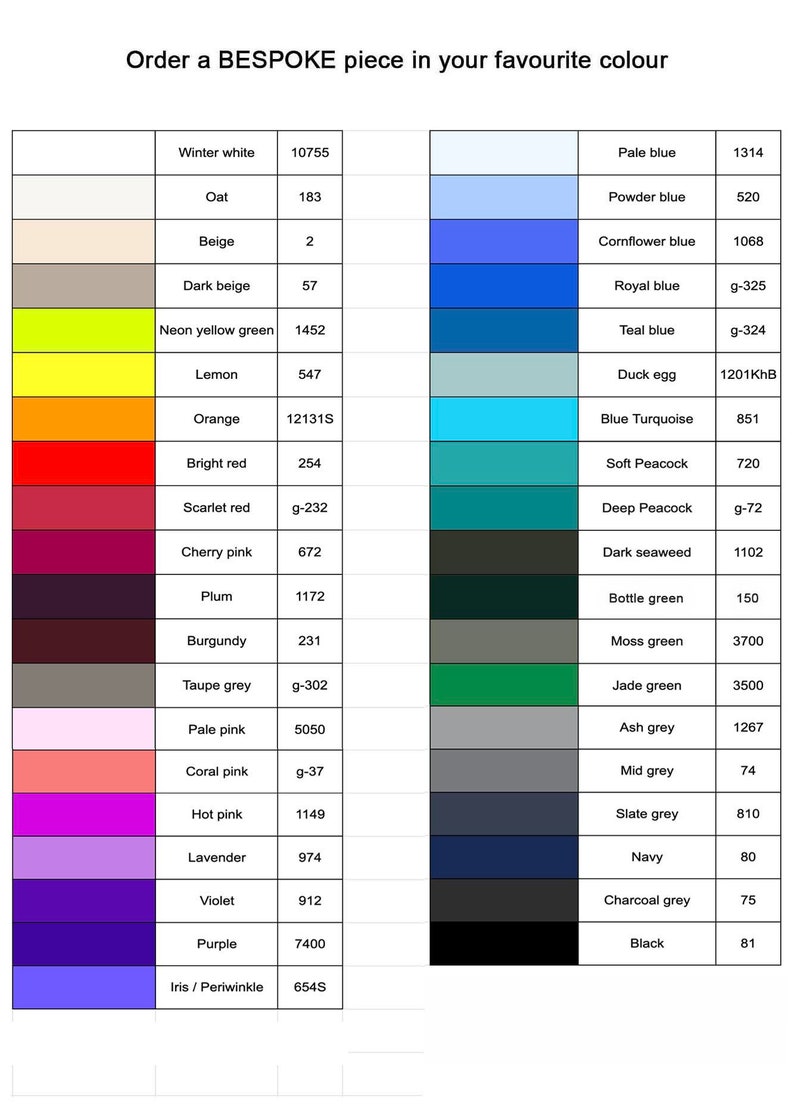 May include: A chart showing a variety of colors with their corresponding names and numbers. The colors are arranged in columns, with the left column showing warm colors and the right column showing cool colors.