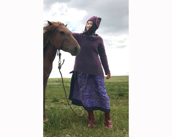 A-line pullover sweater, Cowl neck cashmere tunic tops for women in Plum Purple, Order Custom sweater dress in your favourite colour