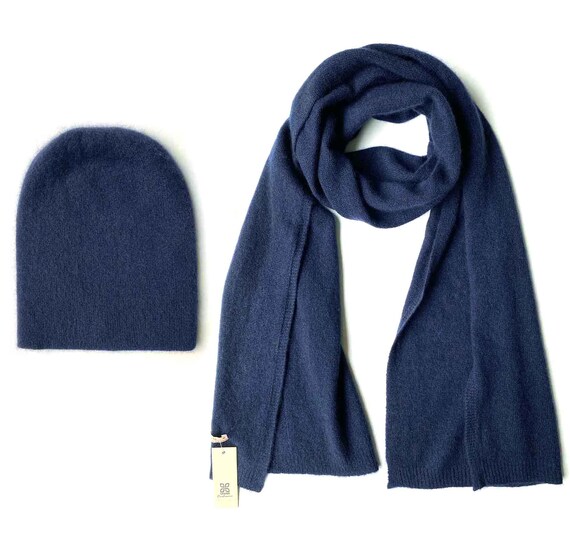 Knit Hat Scarf Set in Navy Blue, Cashmere Beanie Hat and 
