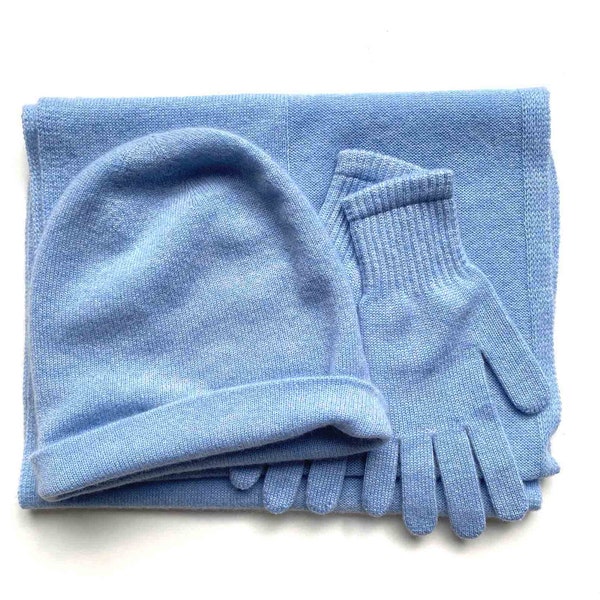Hat scarf gloves set in Powder blue, Cashmere beanie hat and scarf for women, Winter knitted Bundle matching set, Ideal Christmas gift